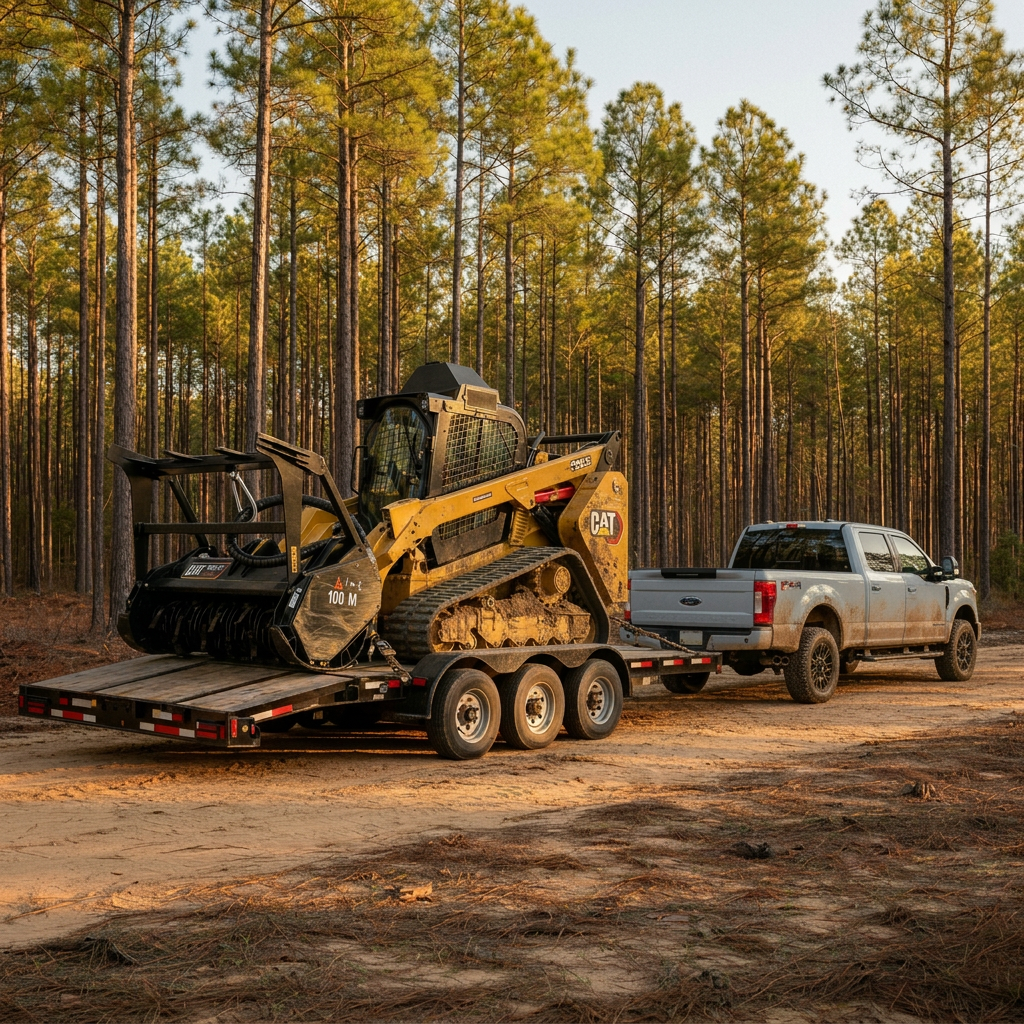 CAT 299D3 with forestry mulcher loaded on trailer behind a white Ford F-350 in North Carolina